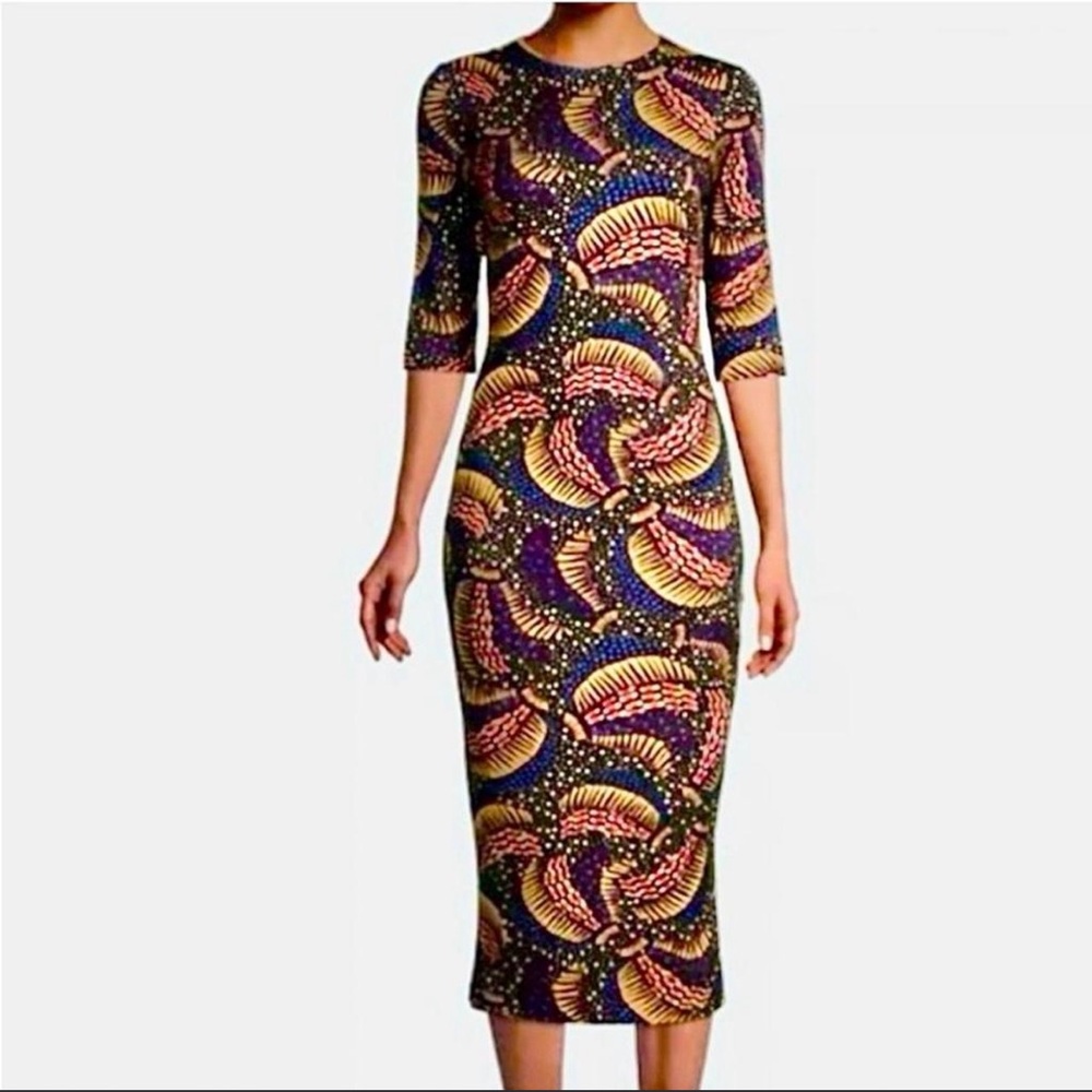 FARM Rio Black Wild Bananas Jersey Midi Dress Half Sleeve Fitted size M